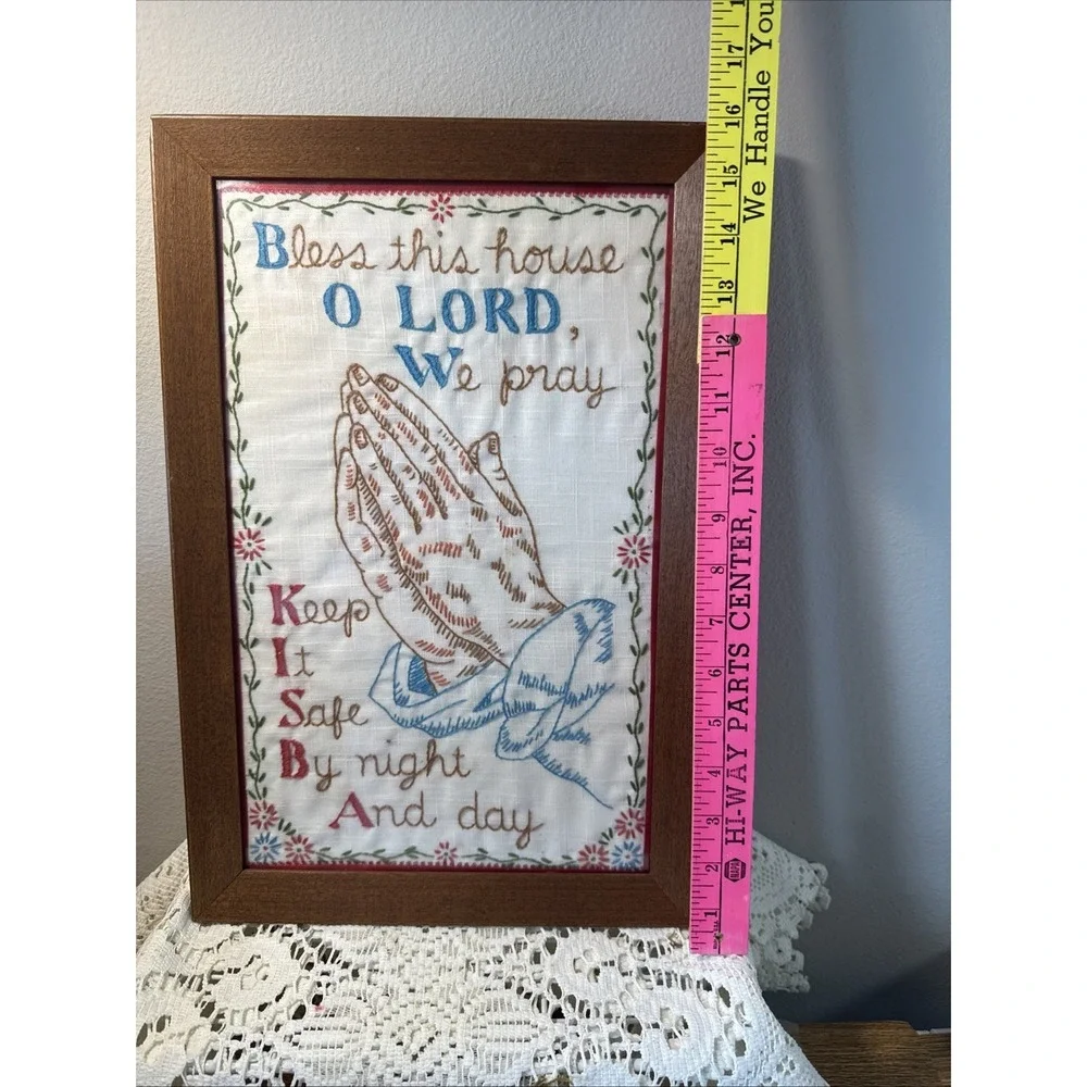 Vintage Wood Framed Embroidery Religious Sampler Wall Art Bless This‎ House Pray